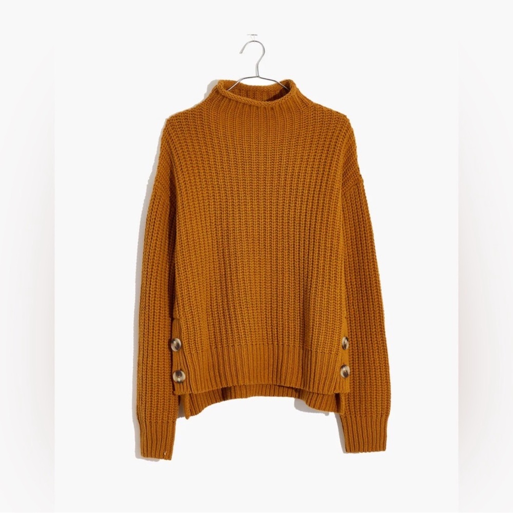 Madewell EUC Mockneck Knit Side-Button Pullover Sweater Size XS Wool Blend Brown